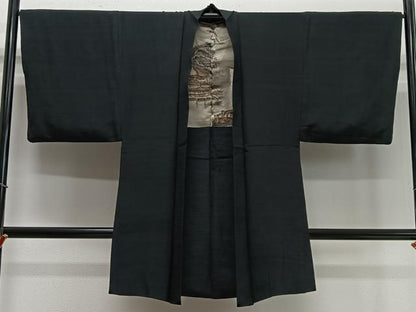 平和屋着物∞男性　長羽織　紬地　黒地　正絹　逸品　CABD4592ua