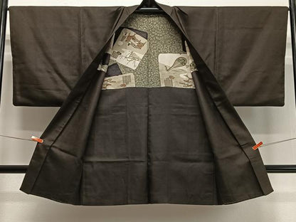平和屋着物∞男性　長羽織　紬地　赤墨色　正絹　逸品　CABD4596ua