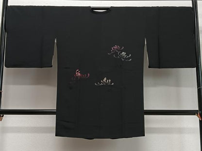 平和屋着物∞道行コート　総刺繍　乱菊　黒地　ロング丈　正絹　逸品　CABD4599ua