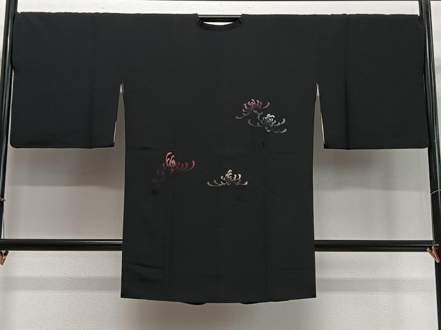 平和屋着物∞道行コート　総刺繍　乱菊　黒地　ロング丈　正絹　逸品　CABD4599ua