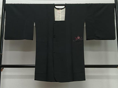 平和屋着物∞道行コート　総刺繍　乱菊　黒地　ロング丈　正絹　逸品　CABD4599ua