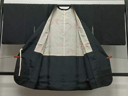 平和屋着物∞道行コート　総刺繍　乱菊　黒地　ロング丈　正絹　逸品　CABD4599ua