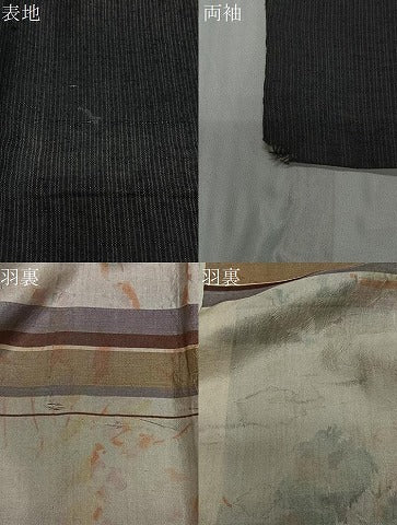 平和屋着物∞男性　長羽織　紬地　縞　黒地　正絹　逸品　CABD4606ua