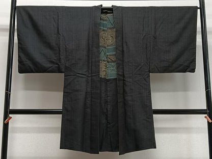平和屋着物∞男性　長羽織　紬地　間道　正絹　逸品　CABD4608ua