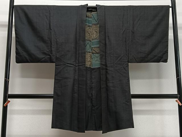 平和屋着物∞男性　長羽織　紬地　間道　正絹　逸品　CABD4608ua