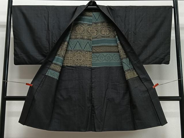 平和屋着物∞男性　長羽織　紬地　間道　正絹　逸品　CABD4608ua