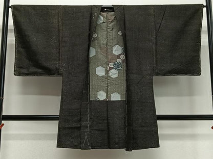 平和屋着物∞男性　長羽織　紬地　絣文様　黒地　正絹　逸品　CABD4609ua
