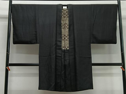 平和屋着物∞男性　長羽織　紬地　黒地　正絹　逸品　CABD4638ua