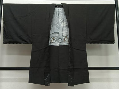 平和屋着物∞男性　長羽織　紬地　黒地　正絹　逸品　未使用　CABD4639ua