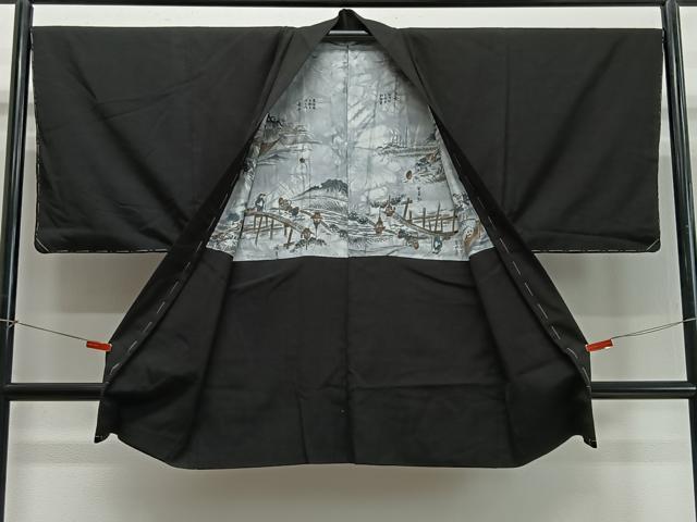 平和屋着物∞男性　長羽織　紬地　黒地　正絹　逸品　未使用　CABD4639ua
