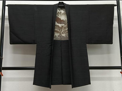 平和屋着物∞男性　長羽織　紬地　黒地　正絹　逸品　CABD4648ua