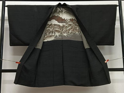 平和屋着物∞男性　長羽織　紬地　黒地　正絹　逸品　CABD4648ua