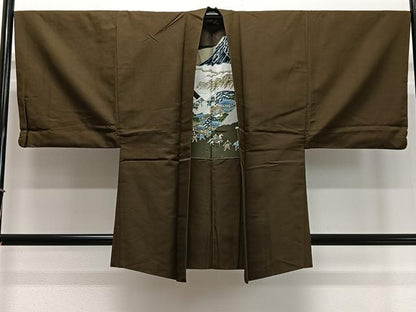 平和屋着物∞男性　羽織　紬地　霞文　鶯茶色　正絹　逸品　CABD4652ua