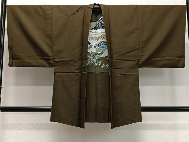 平和屋着物∞男性　羽織　紬地　霞文　鶯茶色　正絹　逸品　CABD4652ua