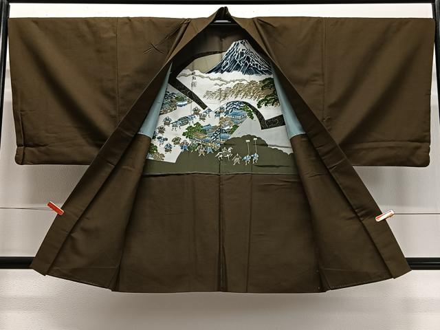 平和屋着物∞男性　羽織　紬地　霞文　鶯茶色　正絹　逸品　CABD4652ua