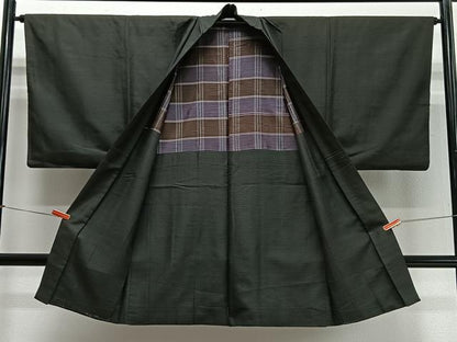 平和屋着物∞男性　長羽織　紬地　格子　正絹　逸品　CABD4655ua