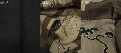 平和屋着物∞男性　長羽織　紬地　黒地　正絹　逸品　CABD4659ua