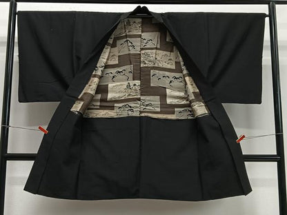 平和屋着物∞男性　長羽織　紬地　黒地　正絹　逸品　CABD4659ua