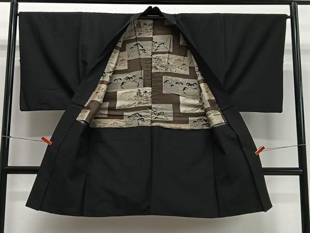 平和屋着物∞男性　長羽織　紬地　黒地　正絹　逸品　CABD4659ua