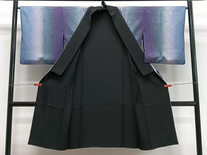 平和屋着物∞道中着　リバーシブル　霞文　暈し染め　黒地　ロング丈　正絹　逸品　CABD4669ua