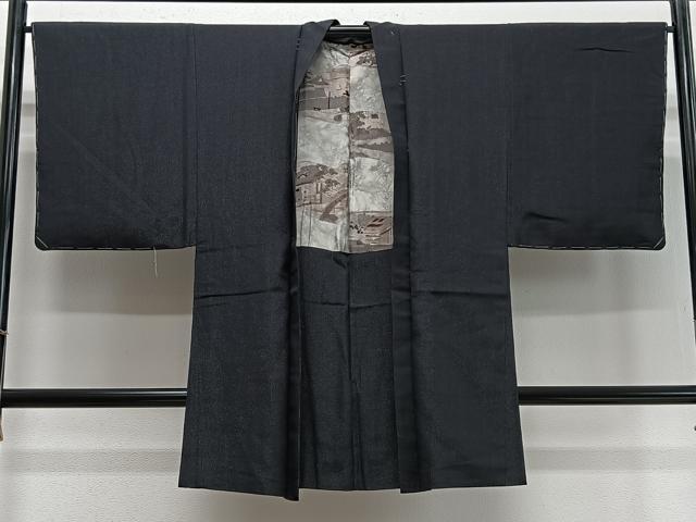 平和屋着物∞男性　長羽織　紬地　縞　黒地　銀糸　正絹　逸品　未使用　CABD4672ua