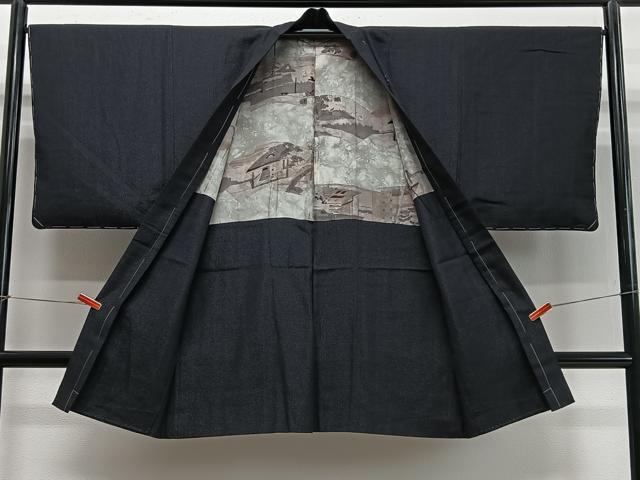 平和屋着物∞男性　長羽織　紬地　縞　黒地　銀糸　正絹　逸品　未使用　CABD4672ua