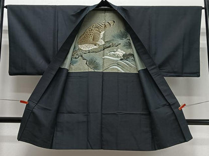 平和屋着物∞男性　長羽織　紬地　霞文　正絹　逸品　CABD4677ua
