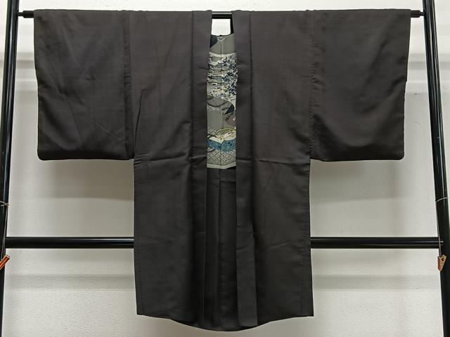 平和屋着物∞男性　長羽織　紬地　赤墨色　正絹　逸品　CABD4678ua