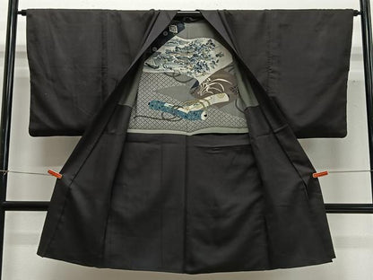 平和屋着物∞男性　長羽織　紬地　赤墨色　正絹　逸品　CABD4678ua