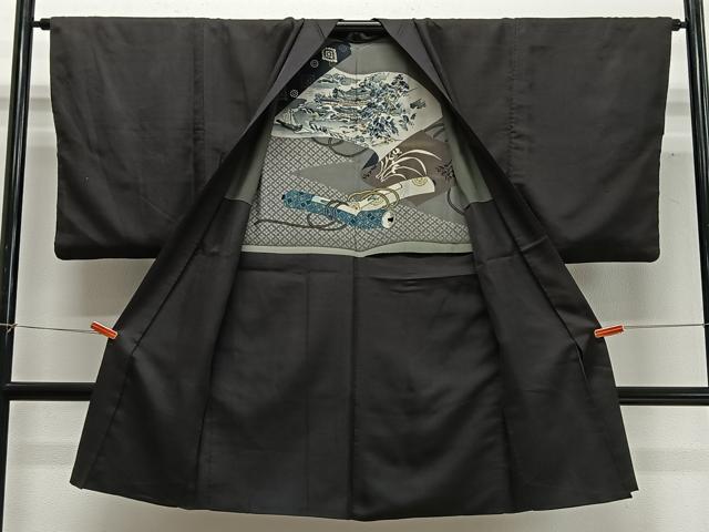 平和屋着物∞男性　長羽織　紬地　赤墨色　正絹　逸品　CABD4678ua