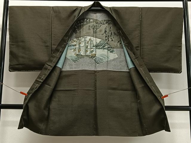 平和屋着物∞男性　長羽織　紬地　幾何学文　正絹　逸品　CABD4683ua