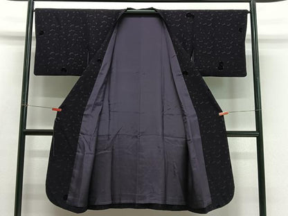 平和屋着物∞道行コート　輪奈ビロード　菊尽くし　黒地　ロング丈　正絹　逸品　CABD4690ua