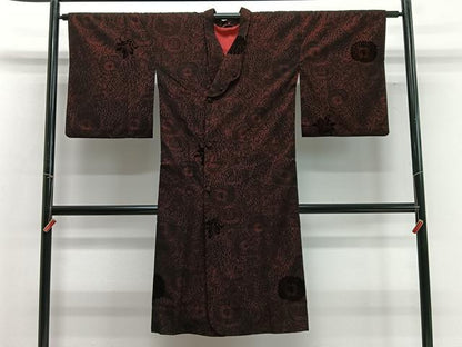 平和屋着物∞道行コート　輪奈ビロード　草花文　黒地　ロング丈　正絹　逸品　CABD4698ua