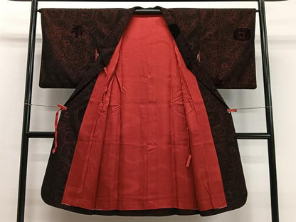平和屋着物∞道行コート　輪奈ビロード　草花文　黒地　ロング丈　正絹　逸品　CABD4698ua