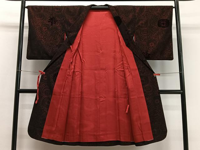 平和屋着物∞道行コート　輪奈ビロード　草花文　黒地　ロング丈　正絹　逸品　CABD4698ua