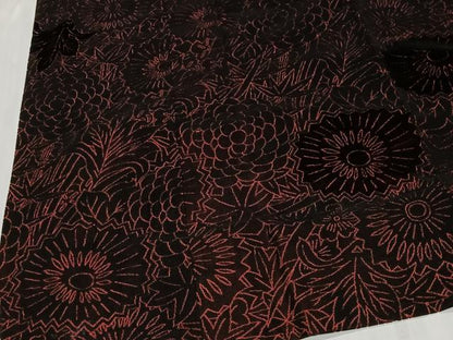 平和屋着物∞道行コート　輪奈ビロード　草花文　黒地　ロング丈　正絹　逸品　CABD4698ua