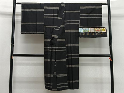 平和屋着物∞道中着　本場縞大島紬　単衣　横段文　ロング丈　証紙付き　正絹　逸品　未使用　CABD4706ua