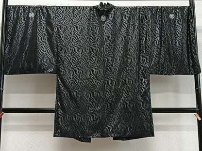 平和屋着物∞男性　長羽織　杢目文　黒地　洗える着物　CABD4710ua