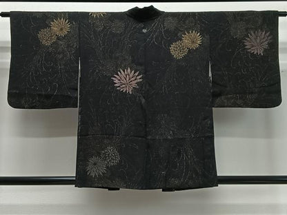 平和屋着物∞羽織　寿光織　草花文　黒地　金糸　正絹　逸品　CABD4716ua