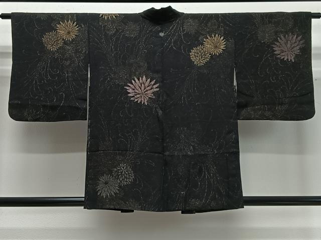 平和屋着物∞羽織　寿光織　草花文　黒地　金糸　正絹　逸品　CABD4716ua