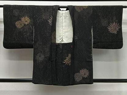 平和屋着物∞羽織　寿光織　草花文　黒地　金糸　正絹　逸品　CABD4716ua