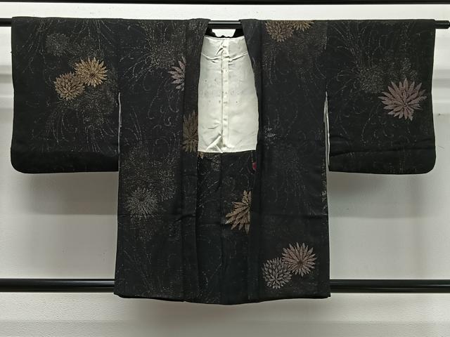 平和屋着物∞羽織　寿光織　草花文　黒地　金糸　正絹　逸品　CABD4716ua