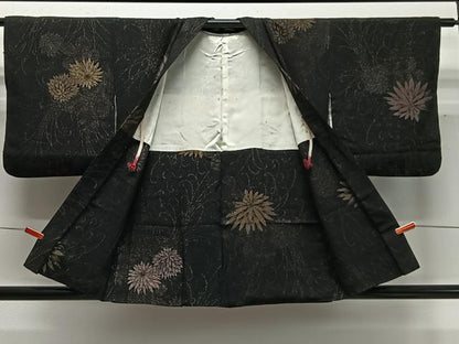 平和屋着物∞羽織　寿光織　草花文　黒地　金糸　正絹　逸品　CABD4716ua
