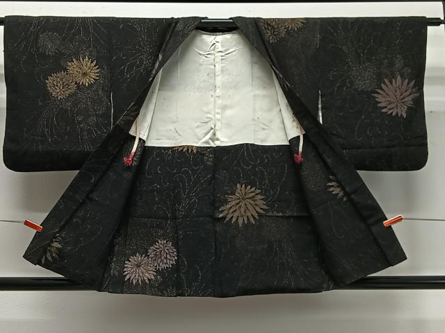 平和屋着物∞羽織　寿光織　草花文　黒地　金糸　正絹　逸品　CABD4716ua