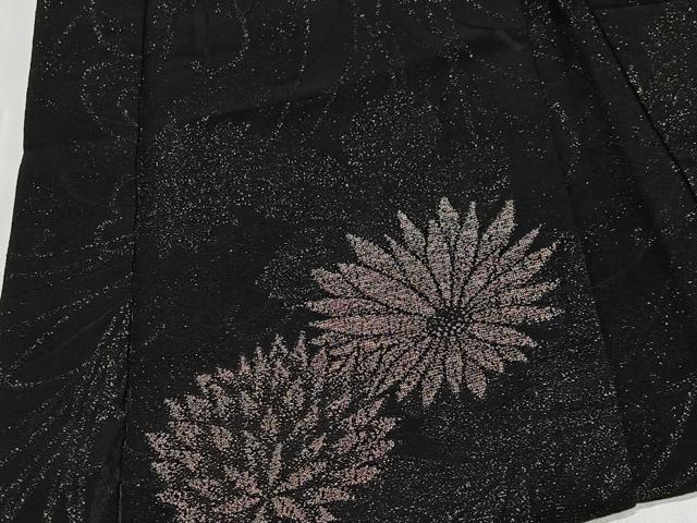 平和屋着物∞羽織　寿光織　草花文　黒地　金糸　正絹　逸品　CABD4716ua