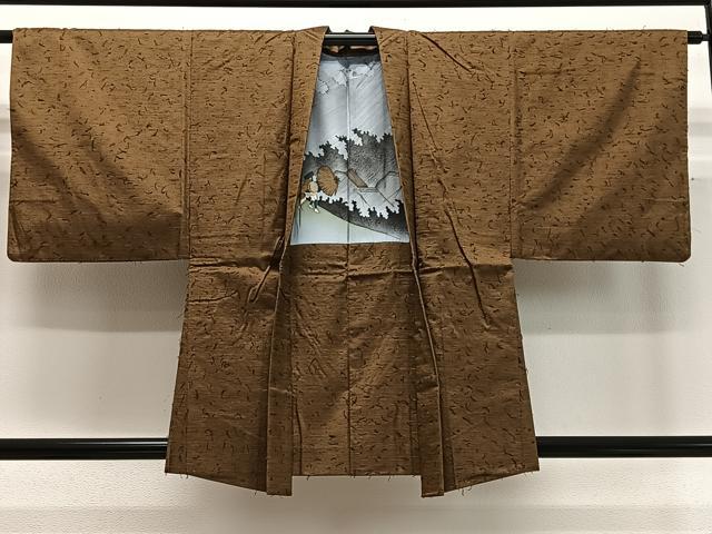 平和屋着物∞男性　羽織　髭紬地　鶯茶色正絹　逸品　CABD4732ua