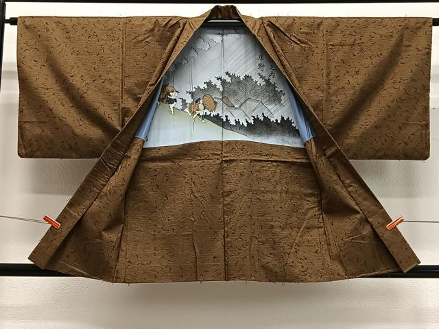 平和屋着物∞男性　羽織　髭紬地　鶯茶色正絹　逸品　CABD4732ua