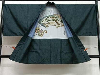 平和屋着物∞男性　長羽織　髭紬地　高麗納戸色　正絹　逸品　CABD4738ua