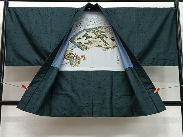 平和屋着物∞男性　長羽織　髭紬地　高麗納戸色　正絹　逸品　CABD4738ua