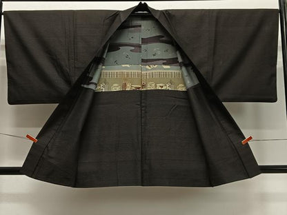 平和屋着物∞男性　羽織　横段文　黒地　正絹　逸品　CABD4753ua